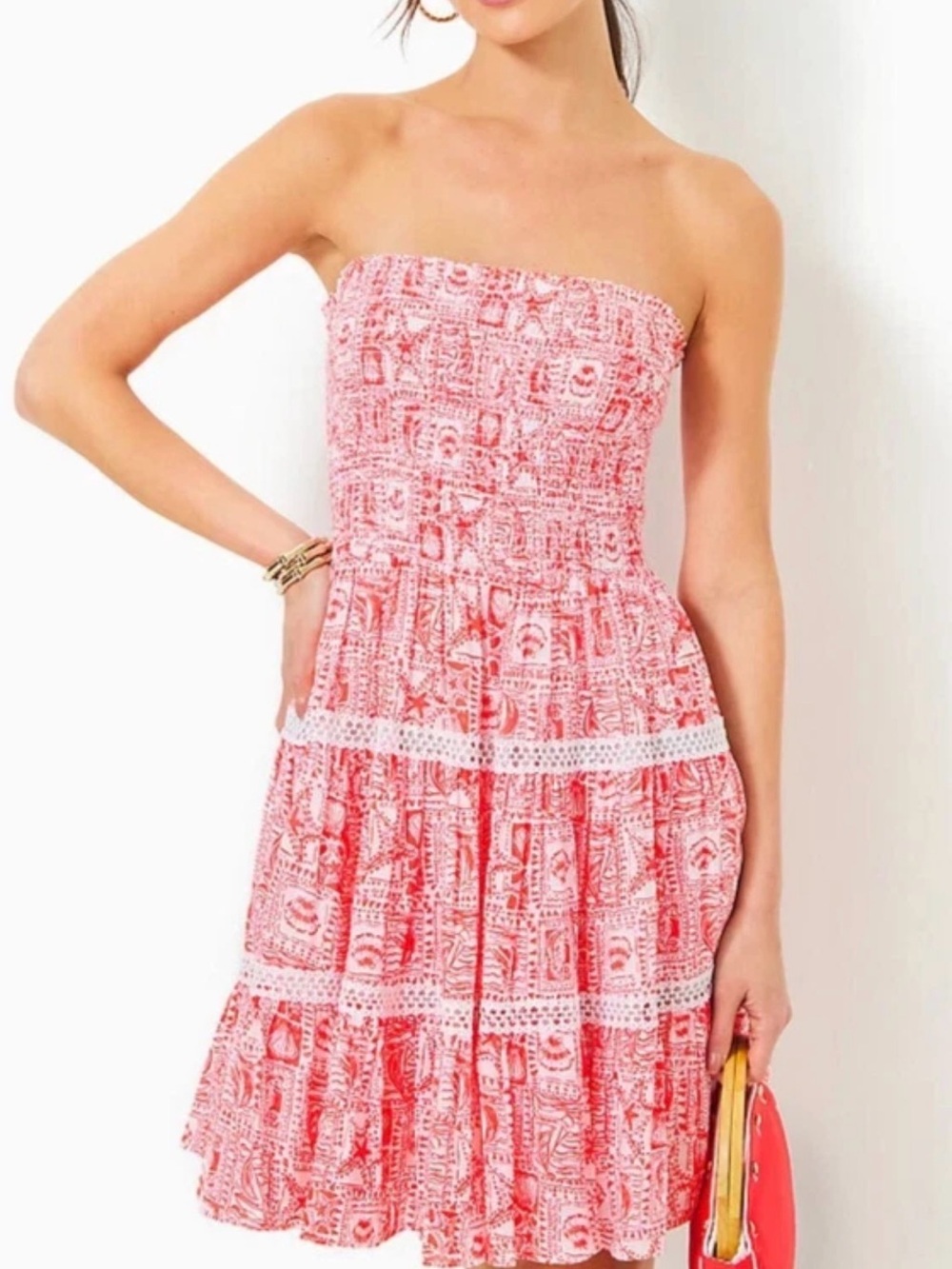 Lilly Pulitzer Strapless Pink Printed Tiered Sundress with Lace Trim